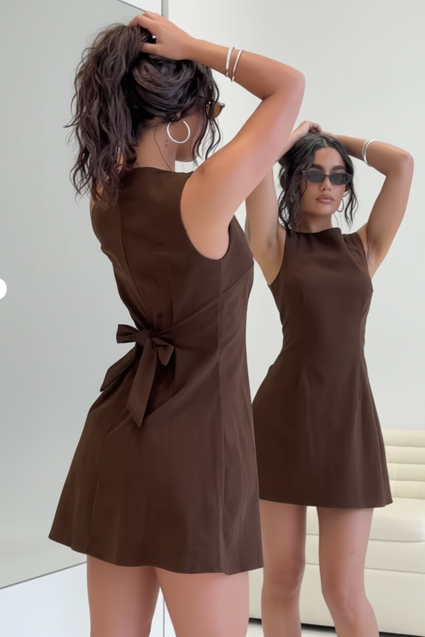 Vestido mini Summer A-Monaco Chocolate sin mangas de cuello redondo Slim Fit Estilo básico Popular Recién llegado Sporty Chic Midi