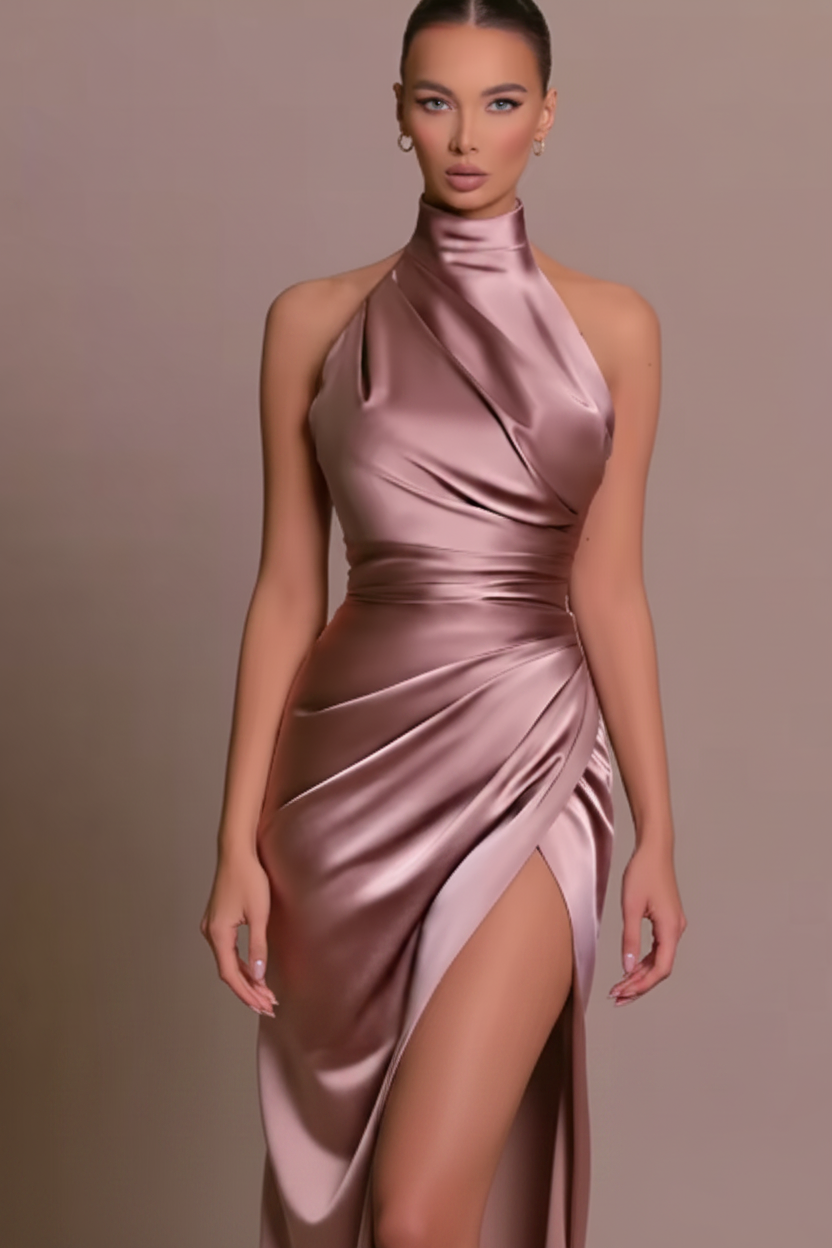 Vestido Largo Lucia Noir de Cuello Alto con Abertura Estilo retro Satin Halter Maxi Vestido Maxi Cintura Adelgazante Abertura Alta Fiesta Eventos Colores Sólidos Minimalismo Falda Larga