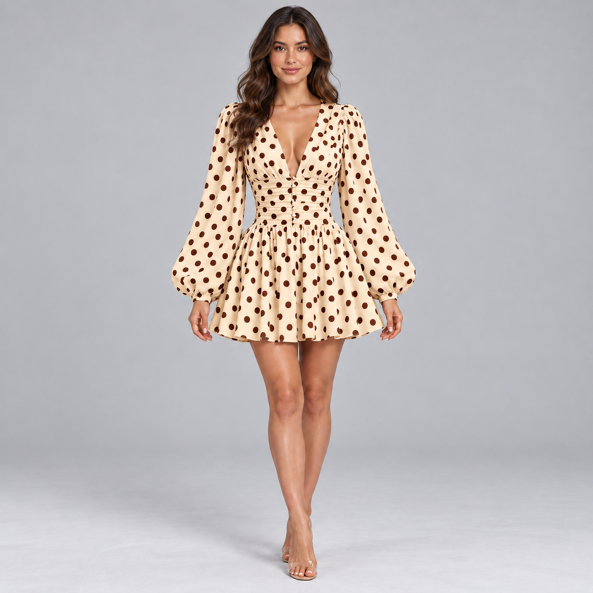 Vestidos Lunares Sofia con botones, vestido vintage de fiesta otoñal de lunares para mujeres, vestido mini casual de manga abullonada y cintura alta