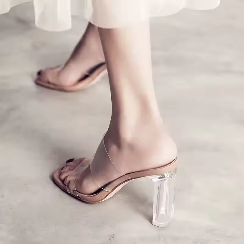 Sandalias Crytal Nude de verano para mujeres, zapatillas de gelatina de 9 cm, tacones cuadrados y abiertos, zapatillas transparentes para mujer, zapato, tacón, sandalias transparentes