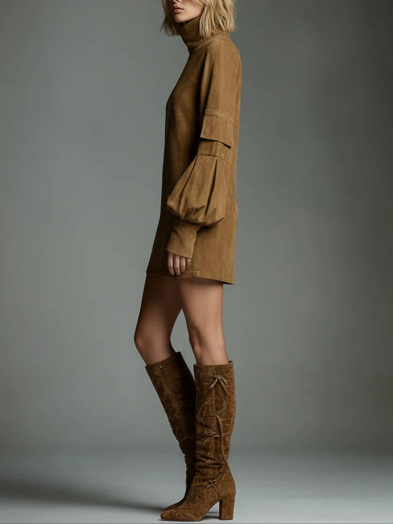 Bibiane | Vestido mini oversize de ante con cuello alto