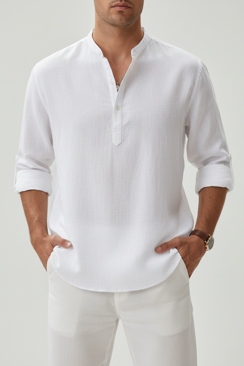 Milano Casual Nuevas camisas de algodón de lino para hombre, camisas informales y ligeras de manga larga Henley Beach Camisetas hawaianas para hombres