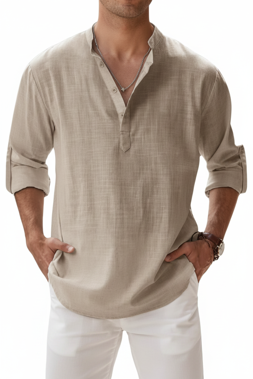 Milano Casual Nuevas camisas de algodón de lino para hombre, camisas informales y ligeras de manga larga Henley Beach Camisetas hawaianas para hombres