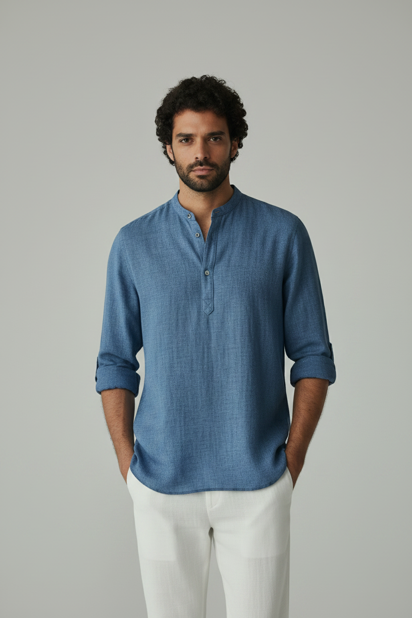 Milano Casual Nuevas camisas de algodón de lino para hombre, camisas informales y ligeras de manga larga Henley Beach Camisetas hawaianas para hombres