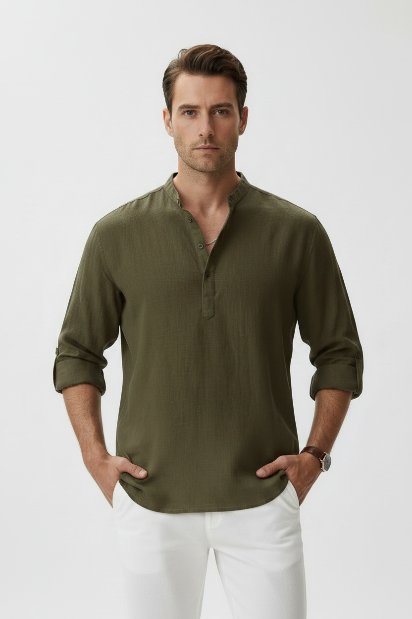 Milano Casual Nuevas camisas de algodón de lino para hombre, camisas informales y ligeras de manga larga Henley Beach Camisetas hawaianas para hombres