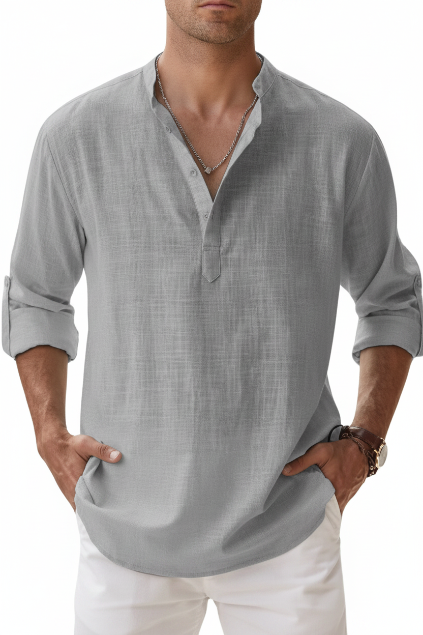 Milano Casual Nuevas camisas de algodón de lino para hombre, camisas informales y ligeras de manga larga Henley Beach Camisetas hawaianas para hombres