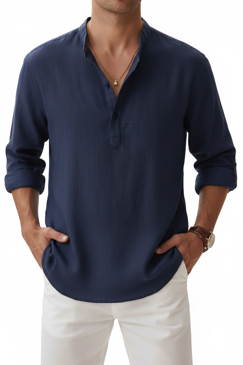 Milano Casual Nuevas camisas de algodón de lino para hombre, camisas informales y ligeras de manga larga Henley Beach Camisetas hawaianas para hombres