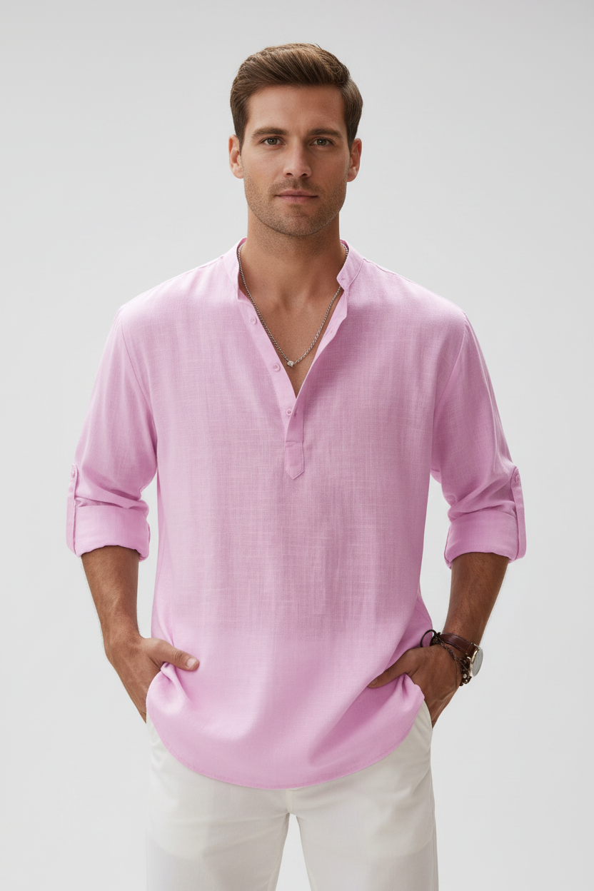 Milano Casual Nuevas camisas de algodón de lino para hombre, camisas informales y ligeras de manga larga Henley Beach Camisetas hawaianas para hombres