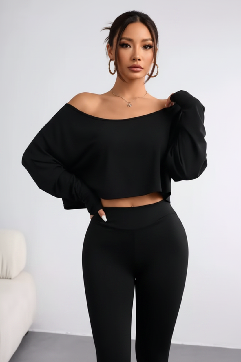 Blusa Serena Noir negra de manga larga para mujer, camiseta casual asimétrica de cuello asimétrico y tirantes sin tirantes para deporte