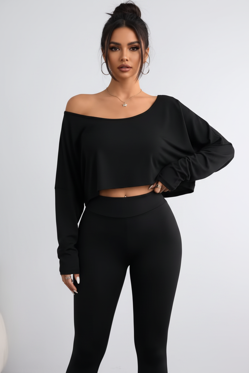 Blusa Serena Noir negra de manga larga para mujer, camiseta casual asimétrica de cuello asimétrico y tirantes sin tirantes para deporte