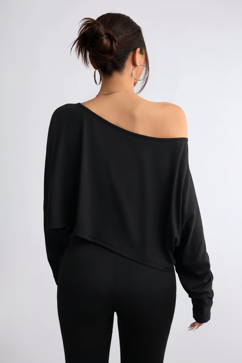 Blusa Serena Noir negra de manga larga para mujer, camiseta casual asimétrica de cuello asimétrico y tirantes sin tirantes para deporte
