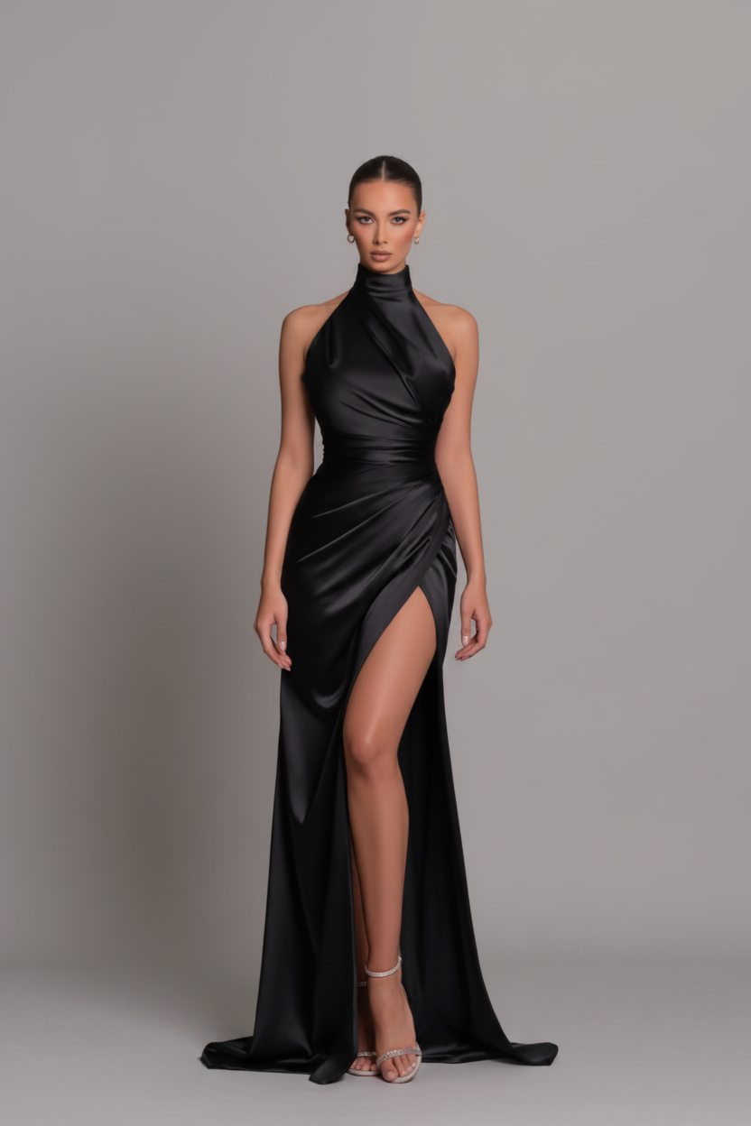 Vestido Largo Lucia Noir de Cuello Alto con Abertura Estilo retro Satin Halter Maxi Vestido Maxi Cintura Adelgazante Abertura Alta Fiesta Eventos  Colores Sólidos Minimalismo Falda Larga