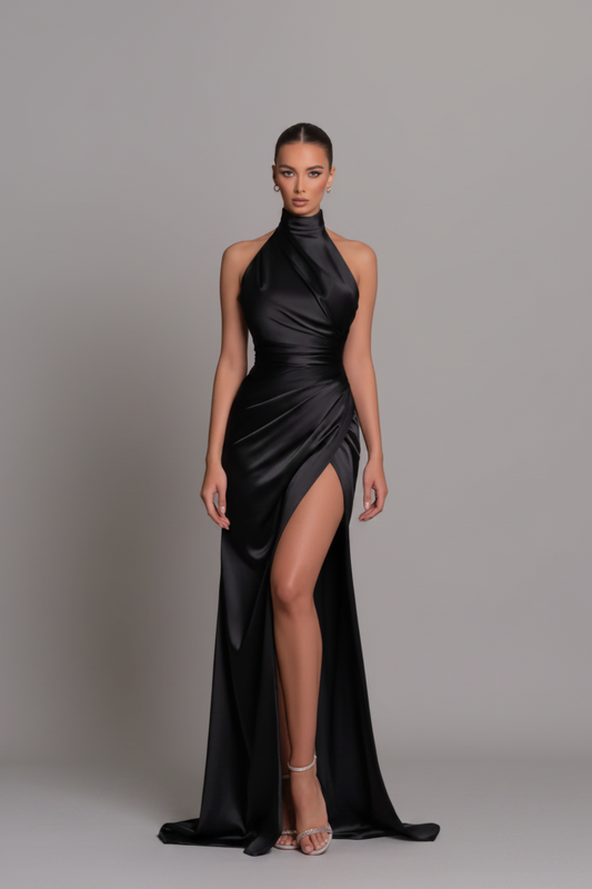 Vestido Largo Lucia Noir de Cuello Alto con Abertura Estilo retro Satin Halter Maxi Vestido Maxi Cintura Adelgazante Abertura Alta Fiesta Eventos  Colores Sólidos Minimalismo Falda Larga