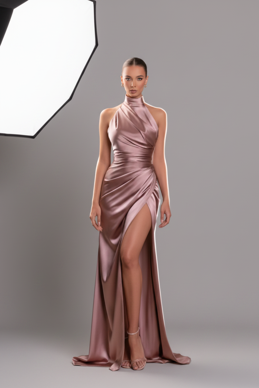 Vestido Largo Lucia Noir de Cuello Alto con Abertura Estilo retro Satin Halter Maxi Vestido Maxi Cintura Adelgazante Abertura Alta Fiesta Eventos  Colores Sólidos Minimalismo Falda Larga