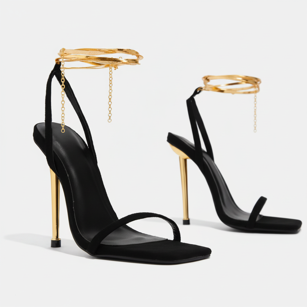 Sandalia Crystal Luxe sexys de mujer con candado dorado y tacones finas de tira simple,  metálicas de aguja, zapatos de tacón dorado