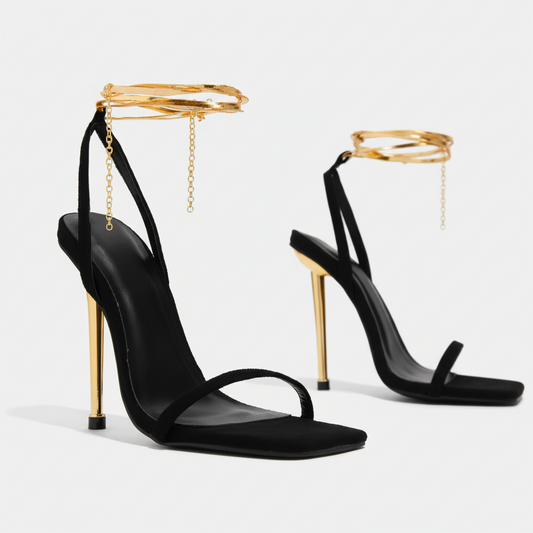 Sandalia Crystal Luxe sexys de mujer con candado dorado y tacones finas de tira simple,  metálicas de aguja, zapatos de tacón dorado