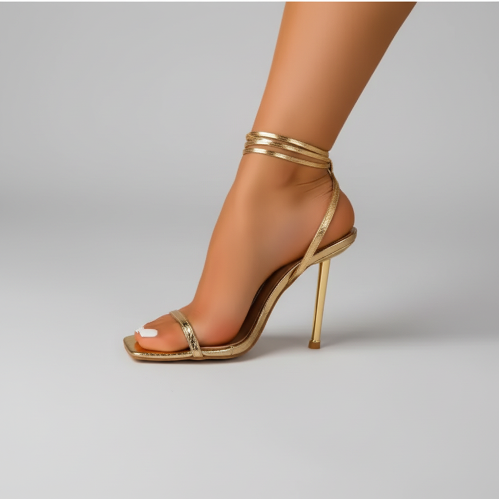 Sandalia Crystal Luxe sexys de mujer con candado dorado y tacones finas de tira simple,  metálicas de aguja, zapatos de tacón dorado