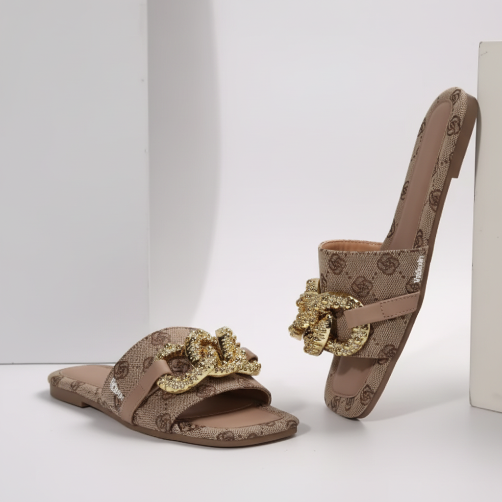 Sandalias Elegance Gold versátiles para mujer, planas clásicas de hebilla metálica, casuales de verano, para conjuntos informales y elegantes