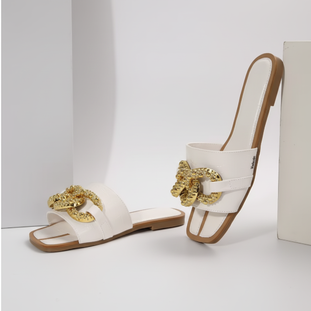 Sandalias Elegance Gold versátiles para mujer, planas clásicas de hebilla metálica, casuales de verano, para conjuntos informales y elegantes