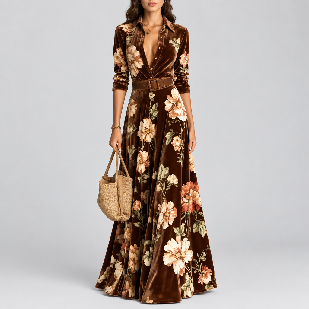 Vestido Dalia Chocolate largo de manga larga con estampado floral de manga larga con cuello de solapa, cintura definida con dobladillo acampanado y vestido largo para ocasións fiestas