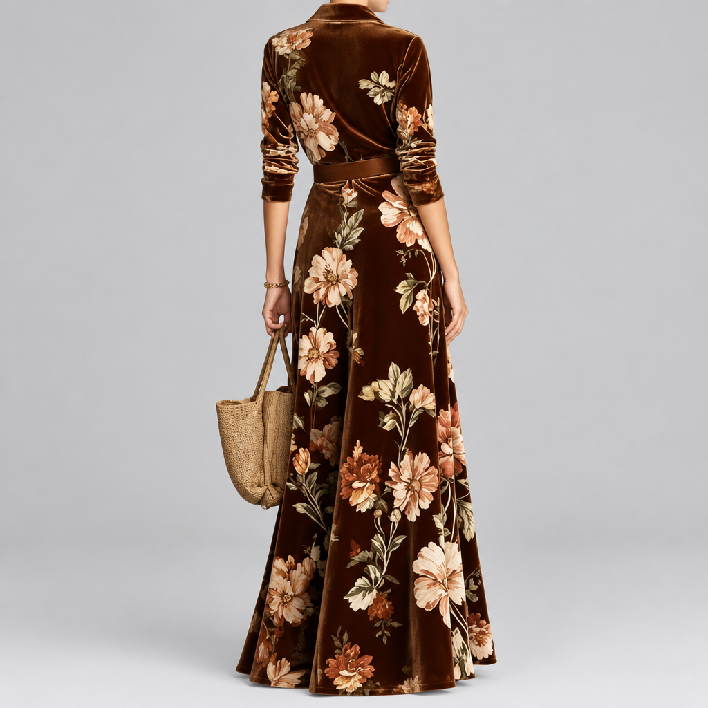 Vestido Dalia Chocolate largo de manga larga con estampado floral de manga larga con cuello de solapa, cintura definida con dobladillo acampanado y vestido largo para ocasións fiestas