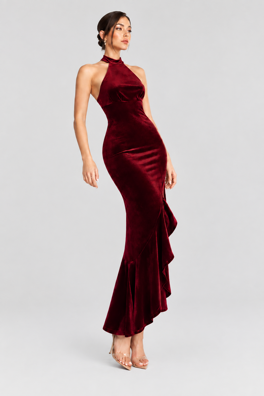 Vestido Valentina Escarlata de terciopelo burdeos con cuello halter, cuello alto, vestido de fiesta, para fiesta dividida para mujeres, vestidos formales para invitados a la boda