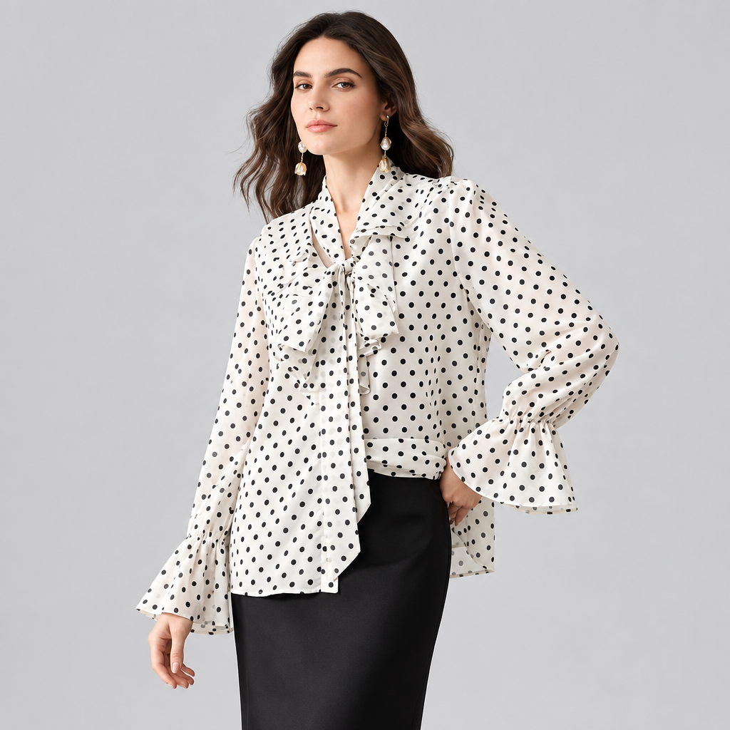Blusa Valentina de Lunares con Lazo Frontal y Mangas de Volantes ,camisas de manga acampanada de lunares para mujer, blusas de malla con escote para oficina y blusa elegante y elegante de manga larga