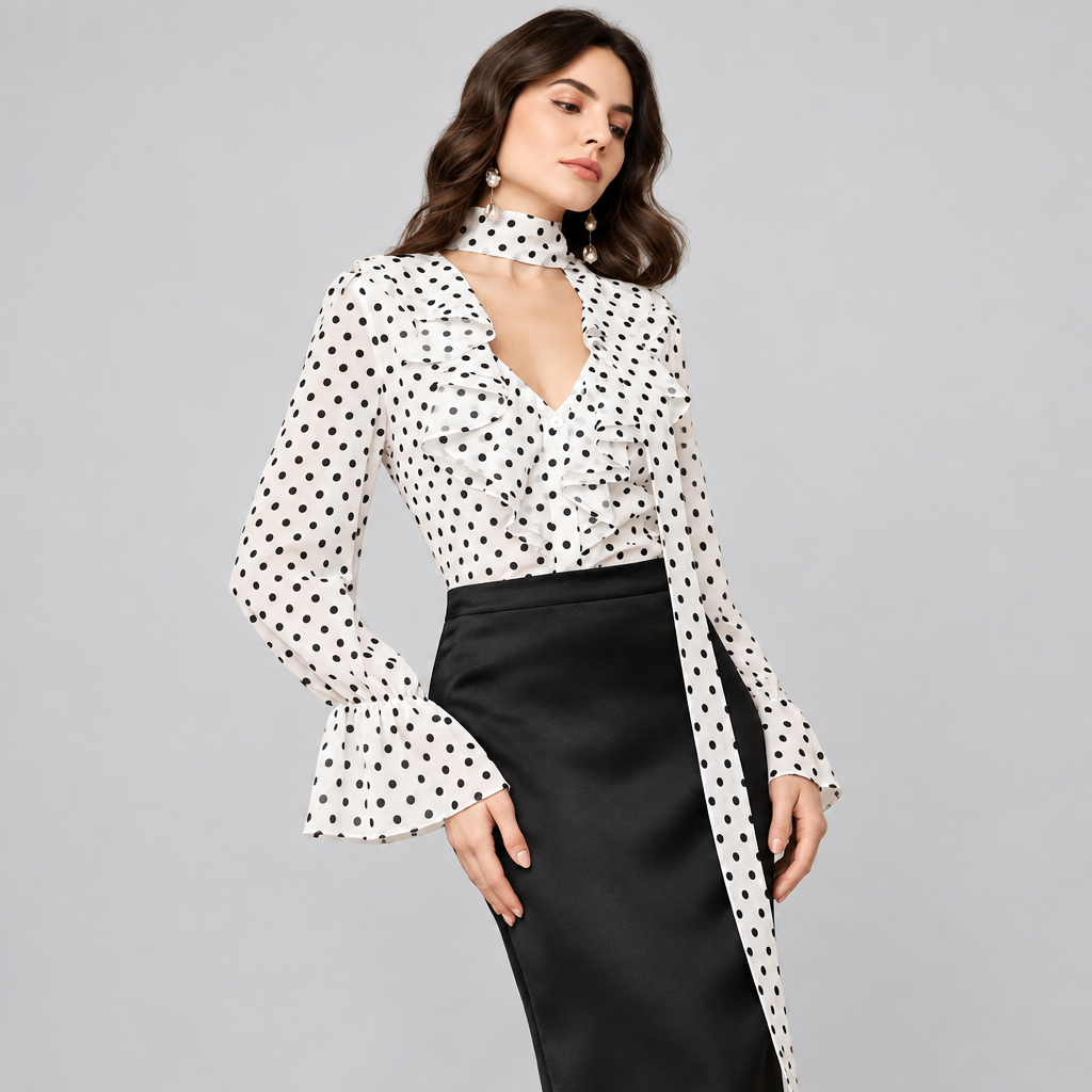 Blusa Valentina de Lunares con Lazo Frontal y Mangas de Volantes ,camisas de manga acampanada de lunares para mujer, blusas de malla con escote para oficina y blusa elegante y elegante de manga larga