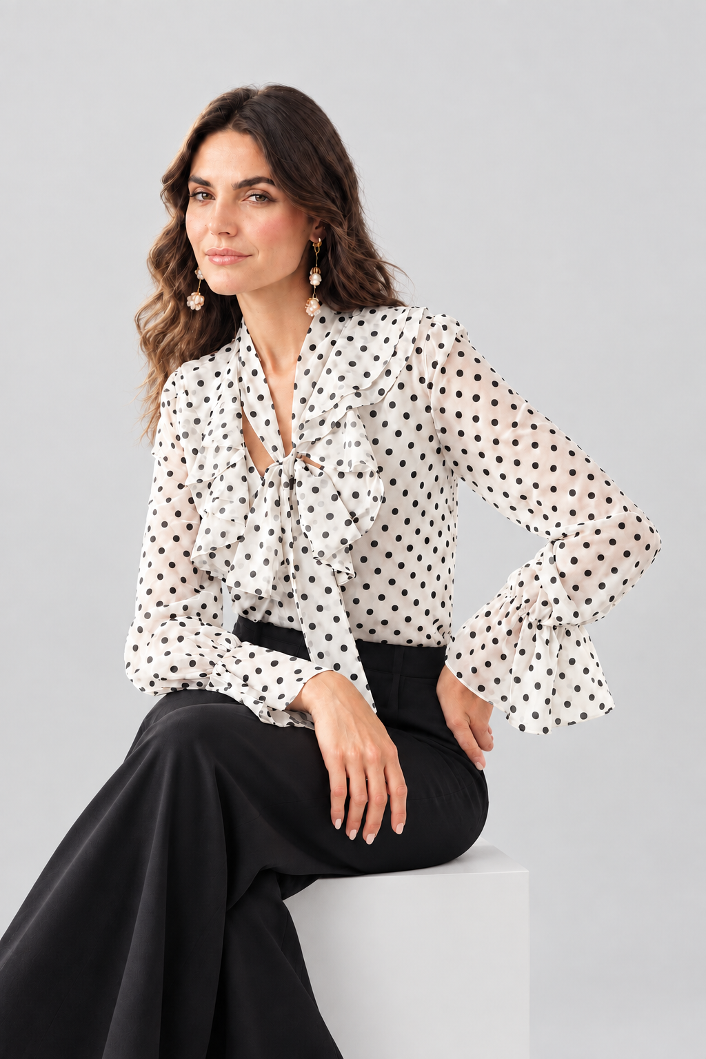 Blusa Valentina de Lunares con Lazo Frontal y Mangas de Volantes ,camisas de manga acampanada de lunares para mujer, blusas de malla con escote para oficina y blusa elegante y elegante de manga larga
