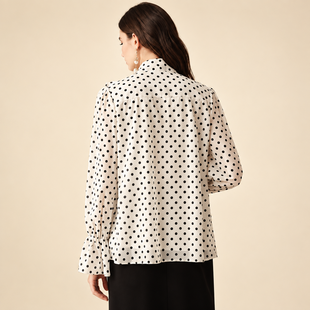 Blusa Valentina de Lunares con Lazo Frontal y Mangas de Volantes ,camisas de manga acampanada de lunares para mujer, blusas de malla con escote para oficina y blusa elegante y elegante de manga larga