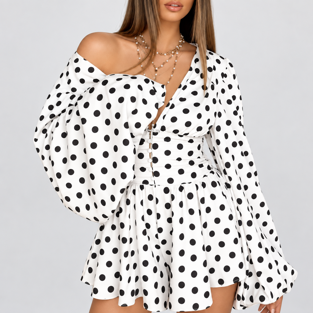 Vestidos Lunares Sofia con botones, vestido vintage de fiesta otoñal de lunares para mujeres, vestido mini casual de manga abullonada y cintura alta
