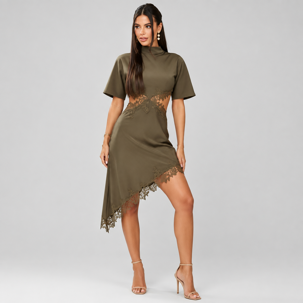 Vestido Elisa de Corte Asimétrico de encaje de satén, Vestido femenino Verano 2026, Bufanda femenina de manga corta con corte Vestidos Chic Elegantes Vestidos