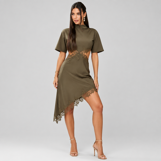 Vestido Elisa de Corte Asimétrico de encaje de satén, Vestido femenino Verano 2026, Bufanda femenina de manga corta con corte Vestidos Chic Elegantes Vestidos