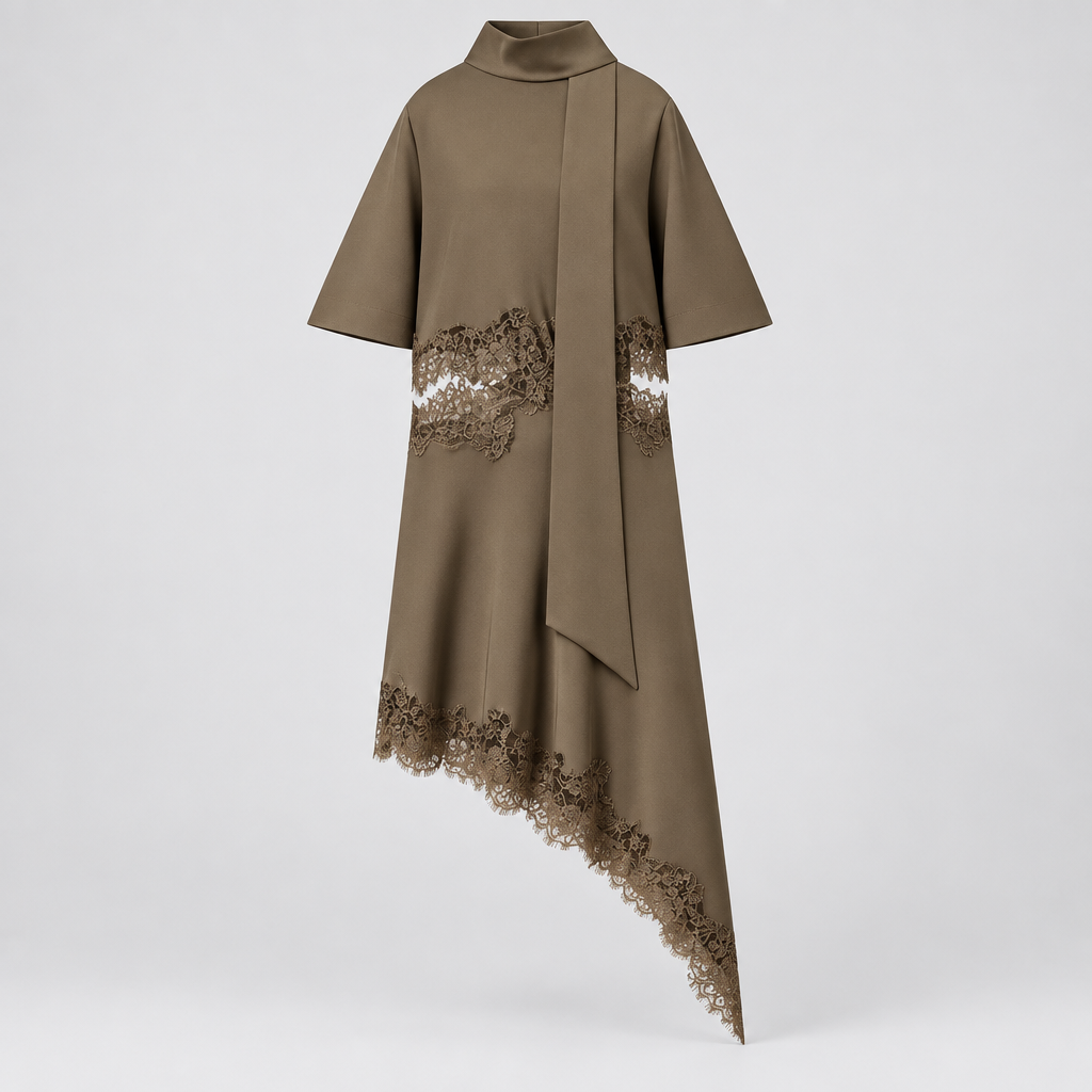 Vestido Elisa de Corte Asimétrico de encaje de satén, Vestido femenino Verano 2026, Bufanda femenina de manga corta con corte Vestidos Chic Elegantes Vestidos