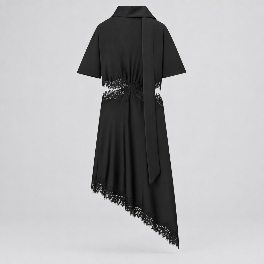Vestido Elisa de Corte Asimétrico de encaje de satén, Vestido femenino Verano 2026, Bufanda femenina de manga corta con corte Vestidos Chic Elegantes Vestidos