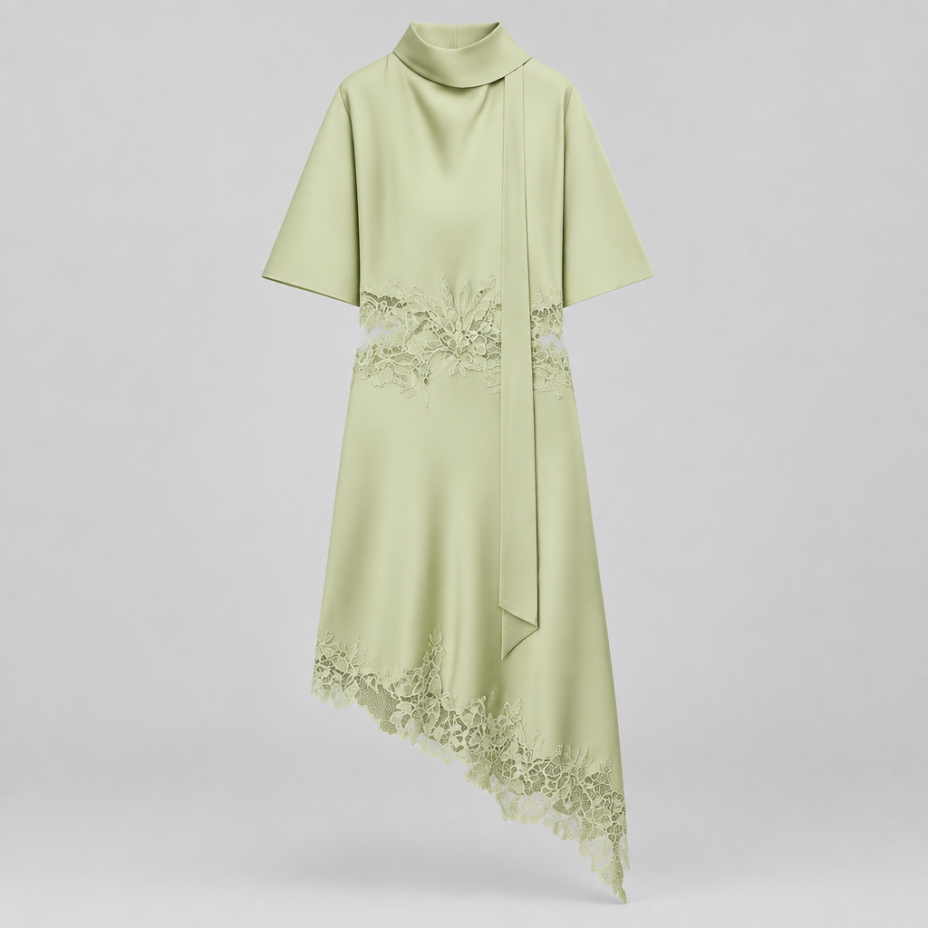 Vestido Elisa de Corte Asimétrico de encaje de satén, Vestido femenino Verano 2026, Bufanda femenina de manga corta con corte Vestidos Chic Elegantes Vestidos