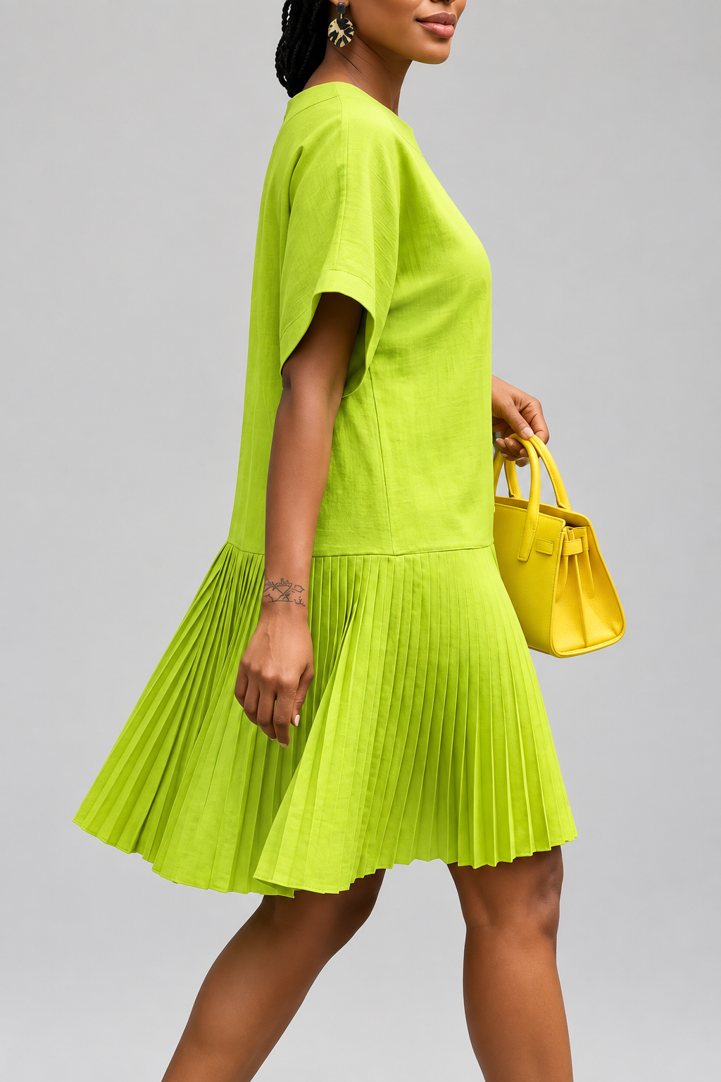 Vestido Aura Lima casuales de apertura de Batwing de cuello redondo para mujer de manga corta , vestido de dobladillo plisado verde sólido con swing hasta la rodilla