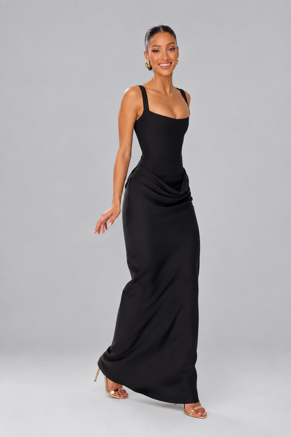 Vestido Gala Évora Sexy sin espalda fruncido para mujer ,Vestidos largos negros con escote en U y sin mangas Bodycon, Vestido largo femenino