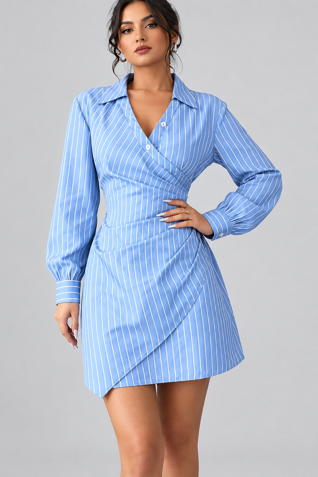 Vestido Camisero Celia Azul de Rayas de mujer ,Camisa de cintura cruzada de manga larga a rayas Vestido elegante Brunch, Mini Vestido Ligero con manga larga y diseño cruzado. Una opción elegante y versátil para renovar tu estilo.