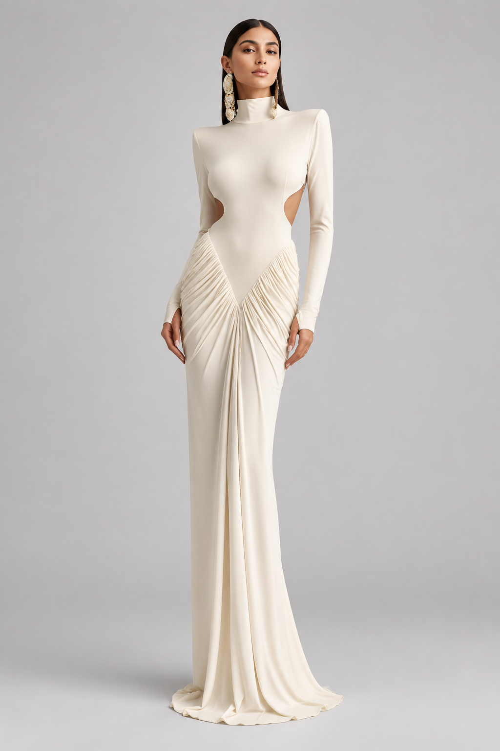 Vestido Largo Amara  elegante de manga larga para mujer Cintura brillante, hombros rectos sin espaldas y vestidos de fiesta