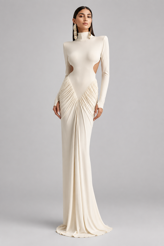 Vestido Largo Amara  elegante de manga larga para mujer Cintura brillante, hombros rectos sin espaldas y vestidos de fiesta