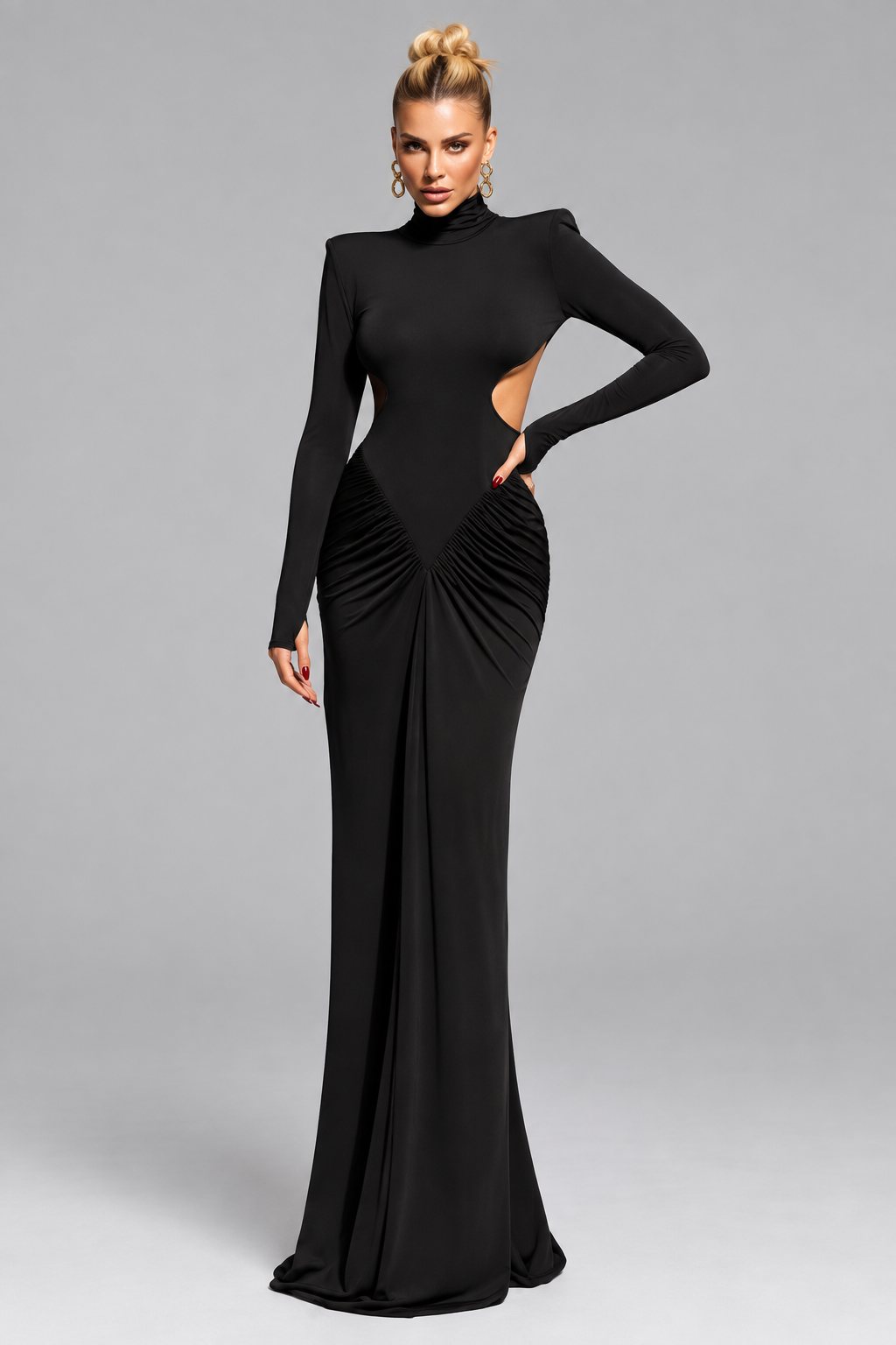 Vestido Largo Amara  elegante de manga larga para mujer Cintura brillante, hombros rectos sin espaldas y vestidos de fiesta