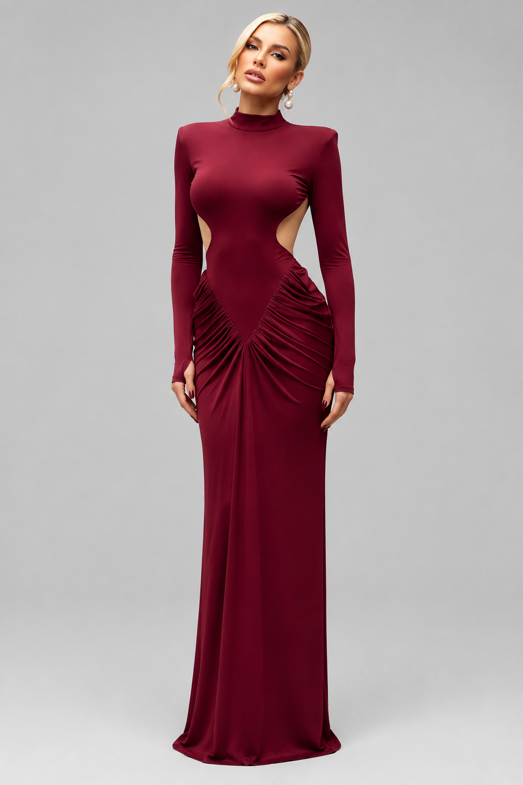 Vestido Largo Amara  elegante de manga larga para mujer Cintura brillante, hombros rectos sin espaldas y vestidos de fiesta