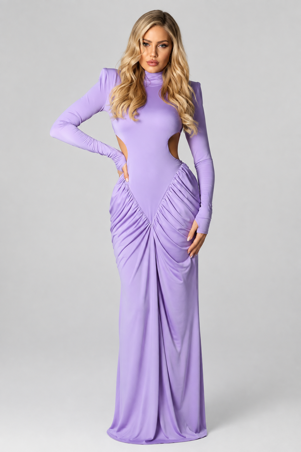 Vestido Largo Amara  elegante de manga larga para mujer Cintura brillante, hombros rectos sin espaldas y vestidos de fiesta