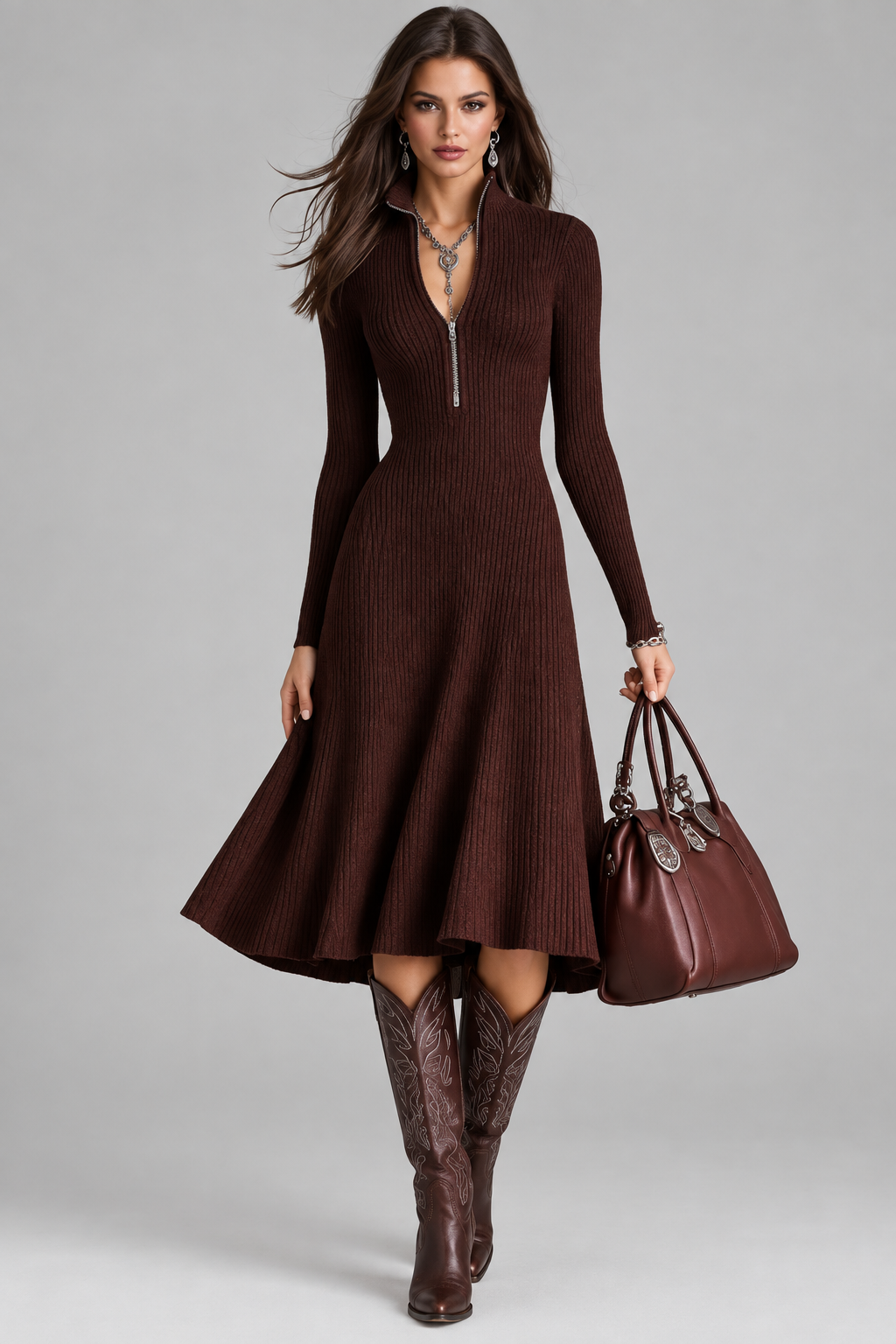 Vestido Midi Aurora de Falda Acampanada de otoño e invierno para mujeres Camiso de cinturón con cremallera de cuarto de manga sirena con punto bodycon largo y elegante de moda slim fit con bajo acampanado