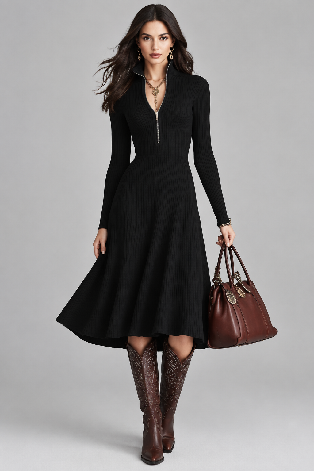 Vestido Midi Aurora de Falda Acampanada de otoño e invierno para mujeres Camiso de cinturón con cremallera de cuarto de manga sirena con punto bodycon largo y elegante de moda slim fit con bajo acampanado