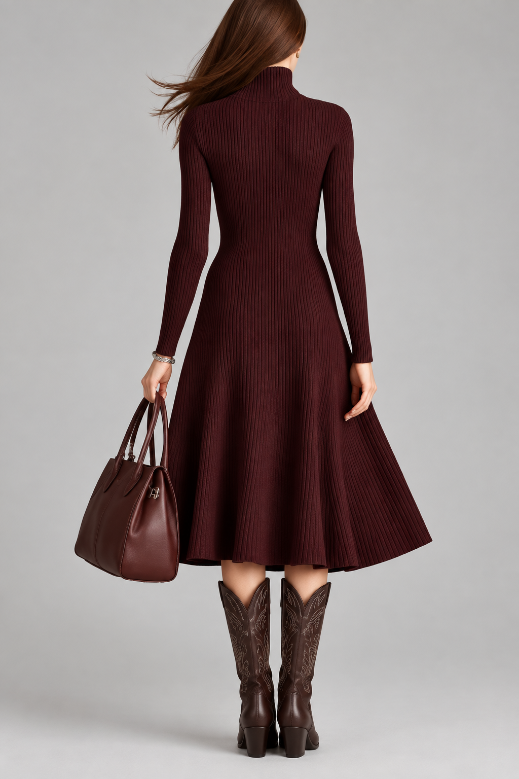 Vestido Midi Aurora de Falda Acampanada de otoño e invierno para mujeres Camiso de cinturón con cremallera de cuarto de manga sirena con punto bodycon largo y elegante de moda slim fit con bajo acampanado