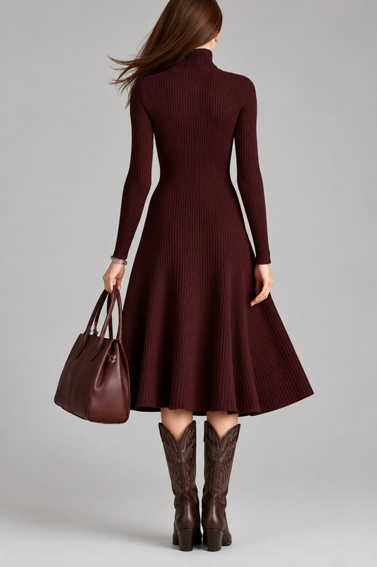 Vestido Midi Aurora de Falda Acampanada de otoño e invierno para mujeres Camiso de cinturón con cremallera de cuarto de manga sirena con punto bodycon largo y elegante de moda slim fit con bajo acampanado