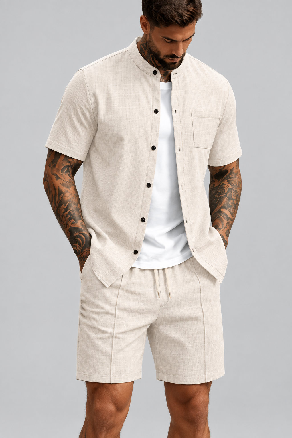 Conjunto de Verano para Hombre con Camisa de Cuello Mao y Shorts, camiseta de cuello redondo liso con bolsillo y manga corta y pantalones cortos de playa, traje casual masculino