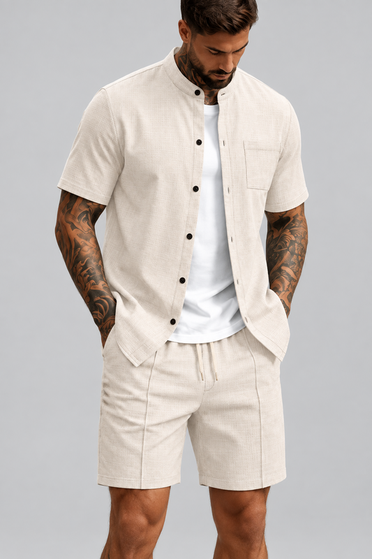 Conjunto de Verano para Hombre con Camisa de Cuello Mao y Shorts, camiseta de cuello redondo liso con bolsillo y manga corta y pantalones cortos de playa, traje casual masculino